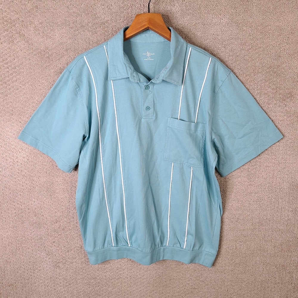 John Blair Shirt Mens Large Blue Striped Banded Bottom Polo Short Sleeve Casual
